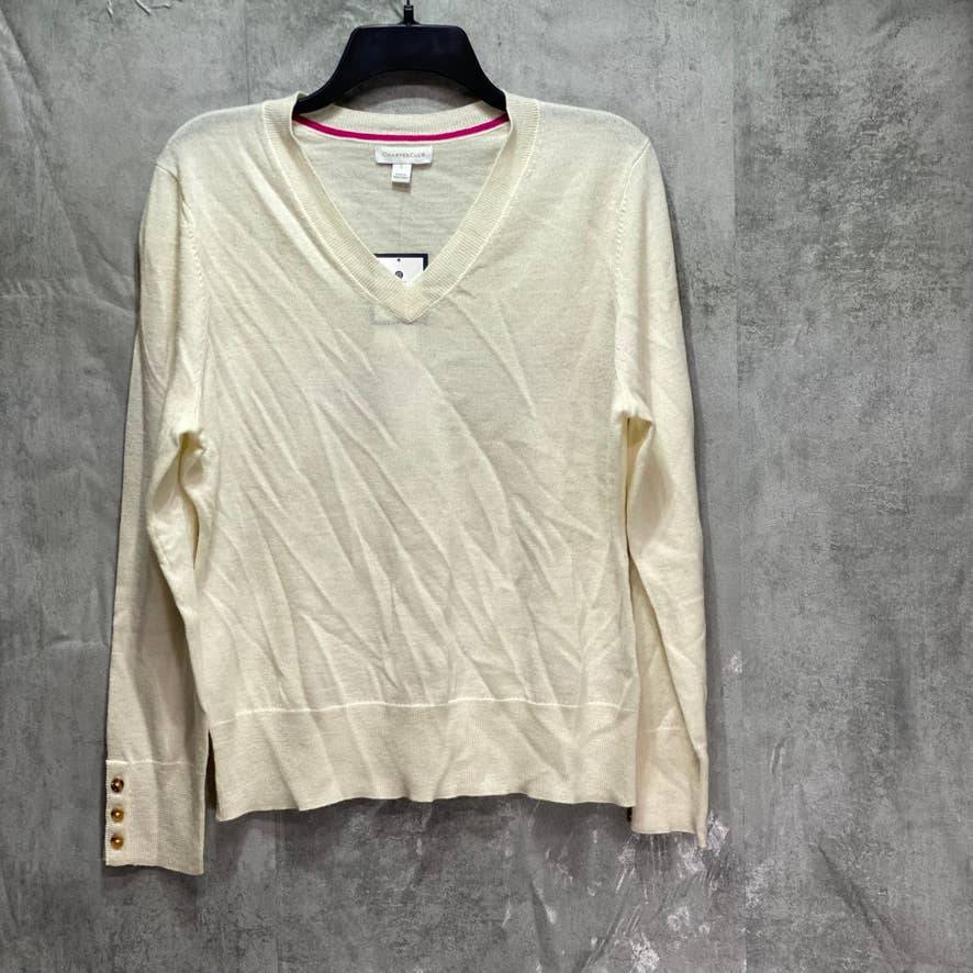 CHARTER CLUB Cloud Merino Wool Button-Cuff V-Neck Pullover Sweater SZ L