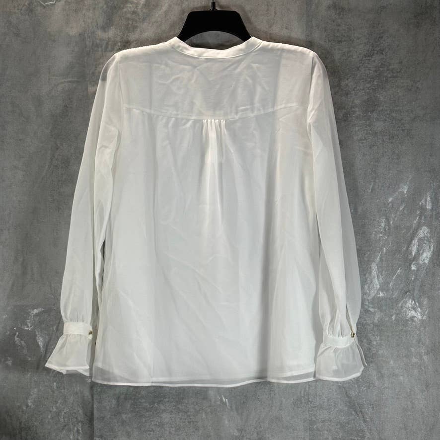 CALVIN KLEIN Women's Soft White V-Neck Smocked-Shoulder Popover Blouse SZ XS