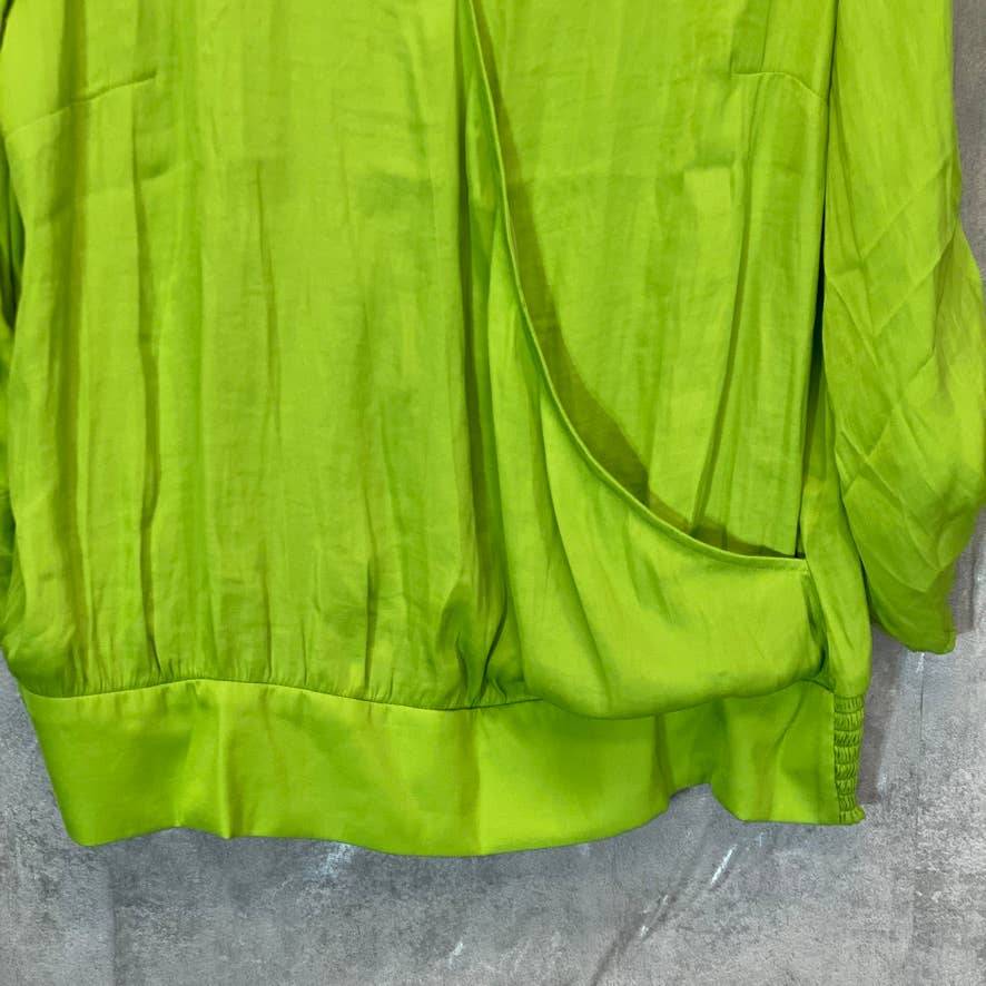 JM COLLECTION Women's Parrot Green Surplice-Neck Tie-Cuff Smocked-Hem Blouse SZ L