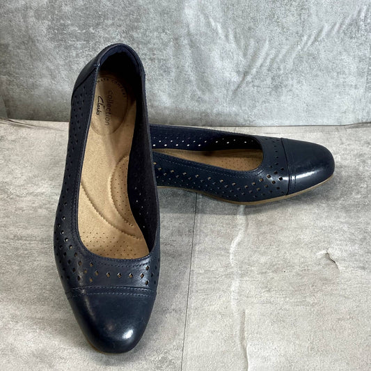 CLARKS Women's Wide Navy Leather Perforated Juliet Cedar Block-Heel Loafers