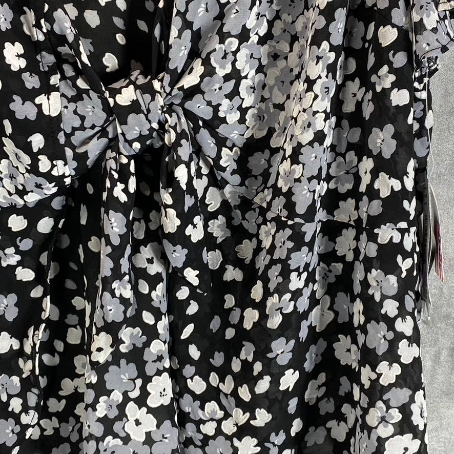 R&M RICHARDS Women's Plus Black-White Printed Tie-Front Flutter Sleeve Jacket