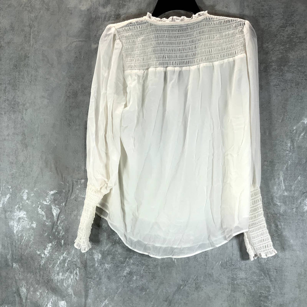1.STATE Women's Soft Ecru Sheer Smocked Tie V-Neck Long-Sleeve Top SZ S