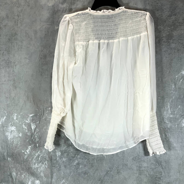 1.STATE Women's Soft Ecru Sheer Smocked Tie V-Neck Long-Sleeve Top SZ S