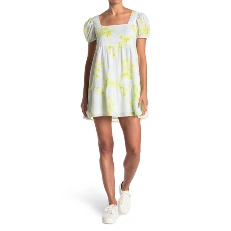 ABOUND Women's Green Dye Spiral Puff Sleeve Square Neck Pullover Mini Dress SZ S