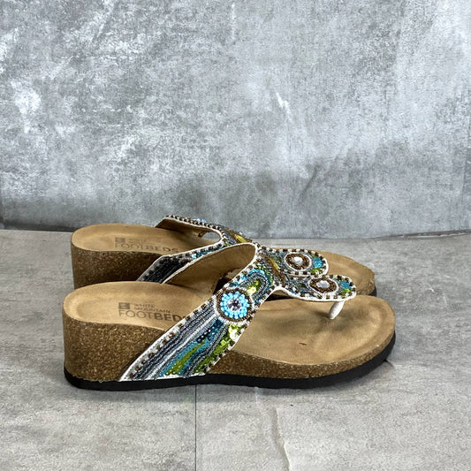 WHITE MOUNTAIN Women's Beige Beaded Bluejay Wedge Slip-On Thong Sandals SZ 6