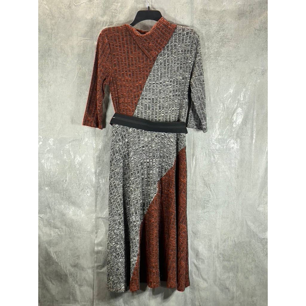 NY COLLECTION Women's Rust/Grey 3/4 Sleeve Belted Colorblocked Cowl-Mask Dress