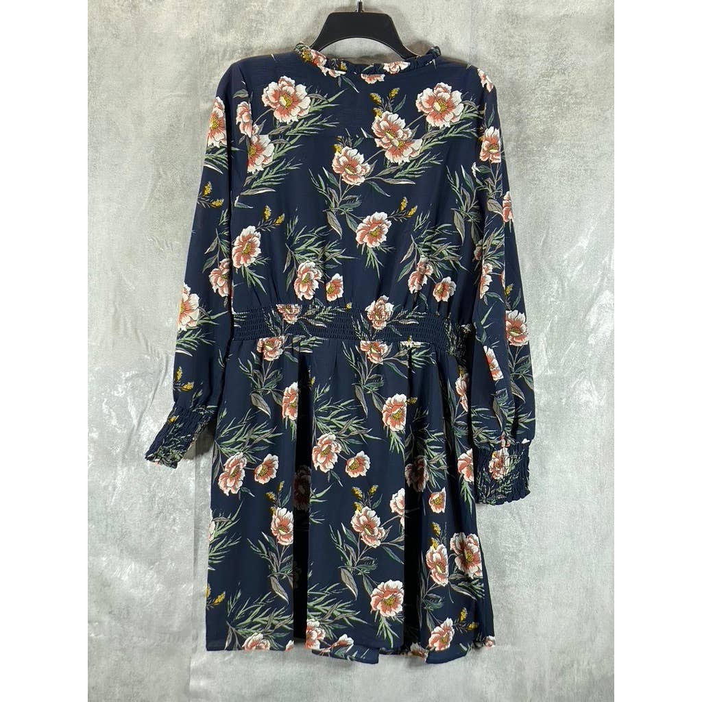 NY COLLECTION Women's Navy Floral V-Neck Smocked Long-Sleeve Fit & Flare Dress