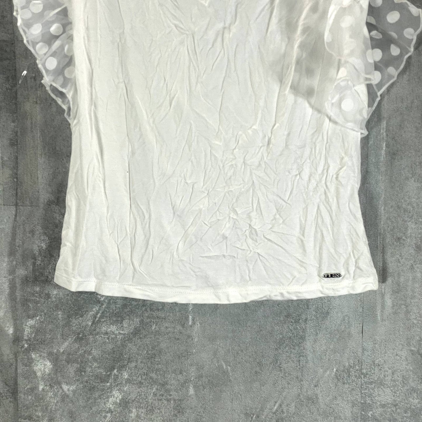 GUESS Women's White Crewneck Mesh-Dot Ruffle Sleeve Top SZ S