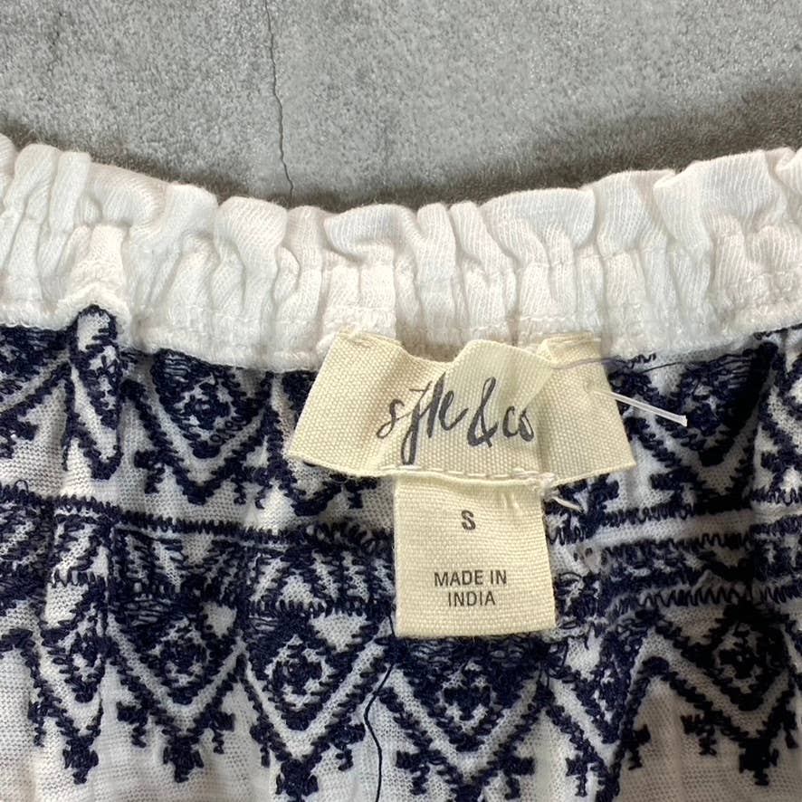 STYLE & CO Women's Bright White Embroidered-Trim Tie-Neck Short Sleeve Top SZ S