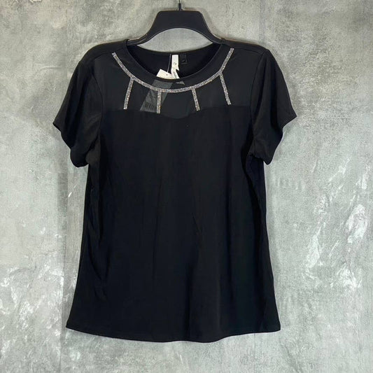 NY COLLECTION Women's Black Mesh Yoke Rhinestone Detail Crepe Knit Top SZ L