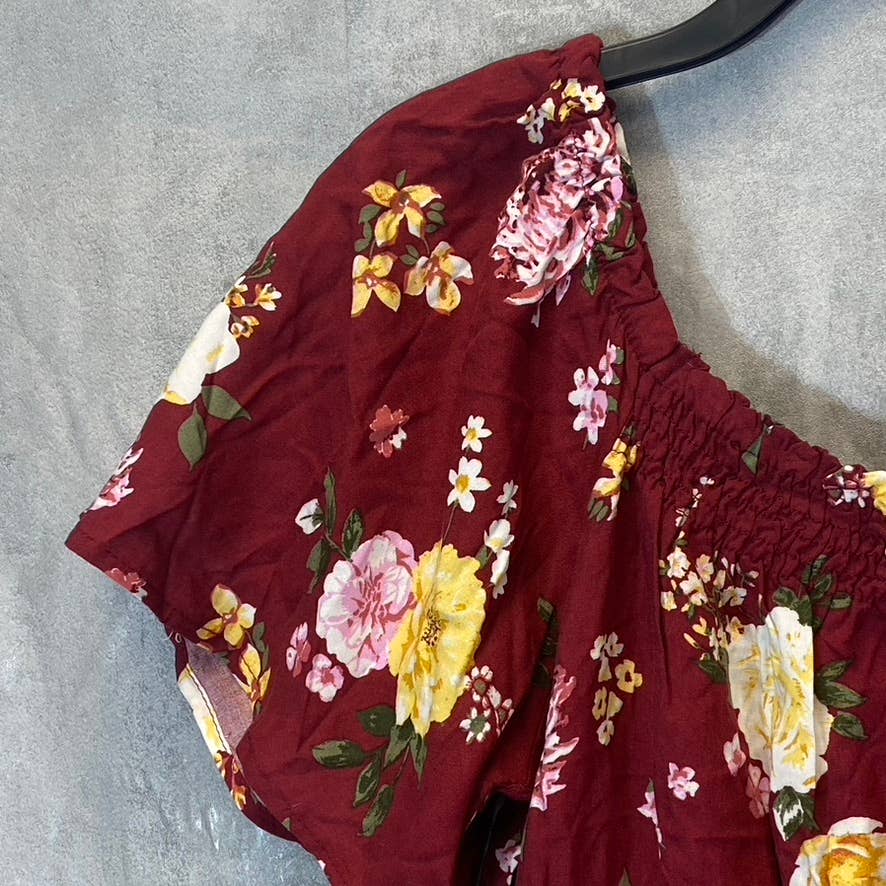DEREK HEART Women's Biking Red Floral Smocked Peplum Top SZ M