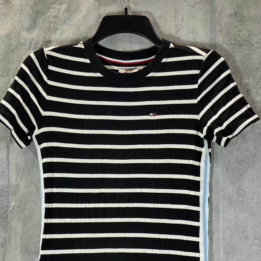 TOMMY JEANS Women's Black Striped Crewneck Bodycon Midi Dress SZ XS