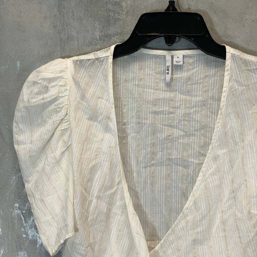 BAR III Women's Bright White Striped Detail Puff Sleeve V-Neck Wrap Blouse SZ S