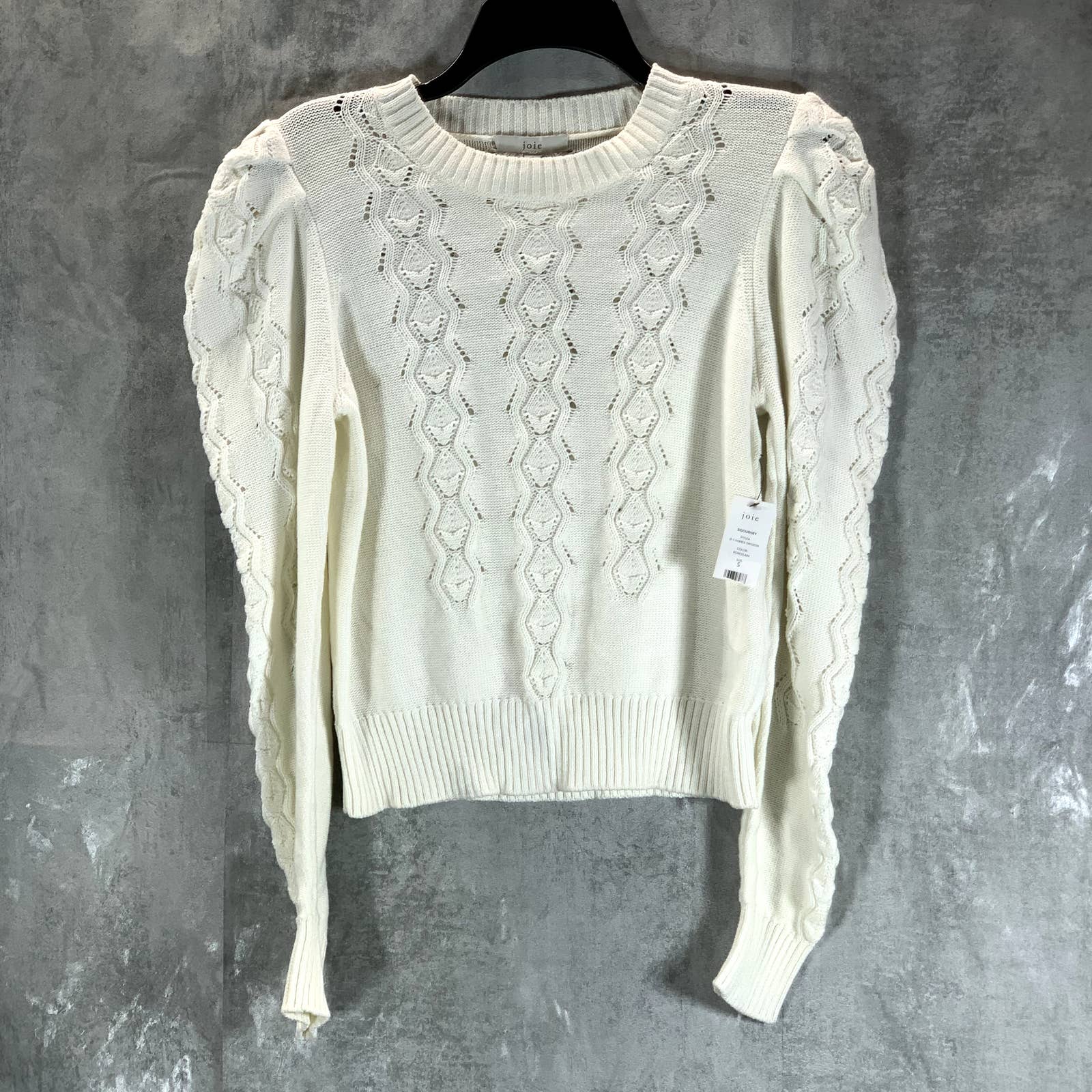 JOIE Women's Porcelain Sigourney Pointelle Puff-Sleeve Knit Pullover Sweater SZS