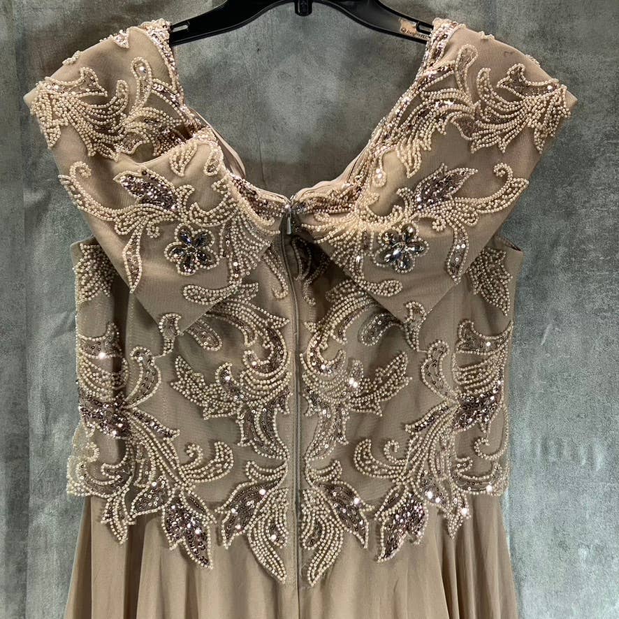 XSCAPE Women's Taupe Beaded Bodice Sweetheart Off-the-Shoulder Chiffon Gown SZ16