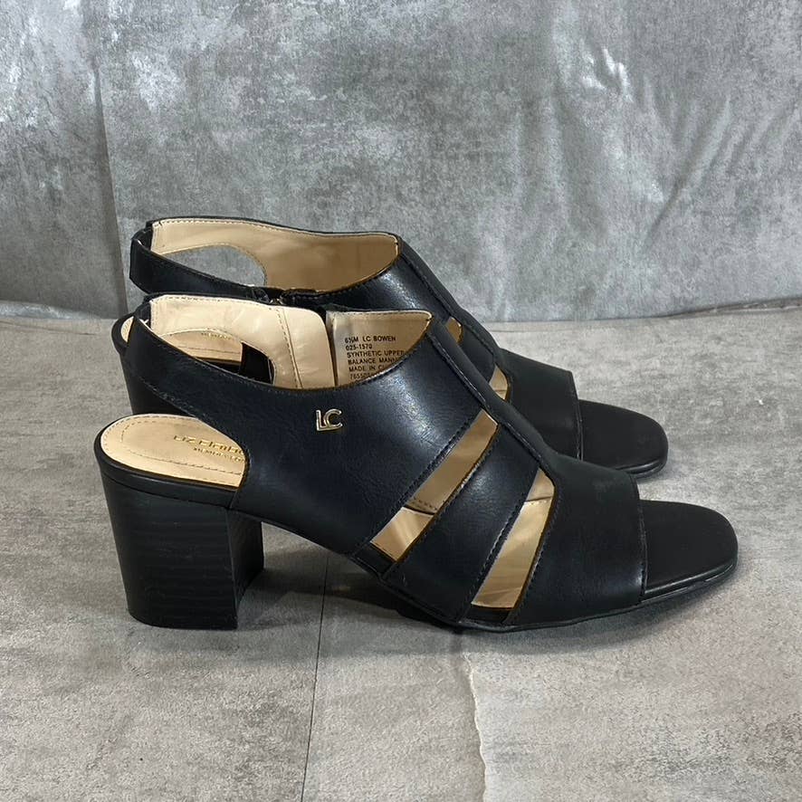 LIZ CLAIBORNE Women's Black Faux-Leather Strappy Bowen Block-Heel Sandals SZ 6.5
