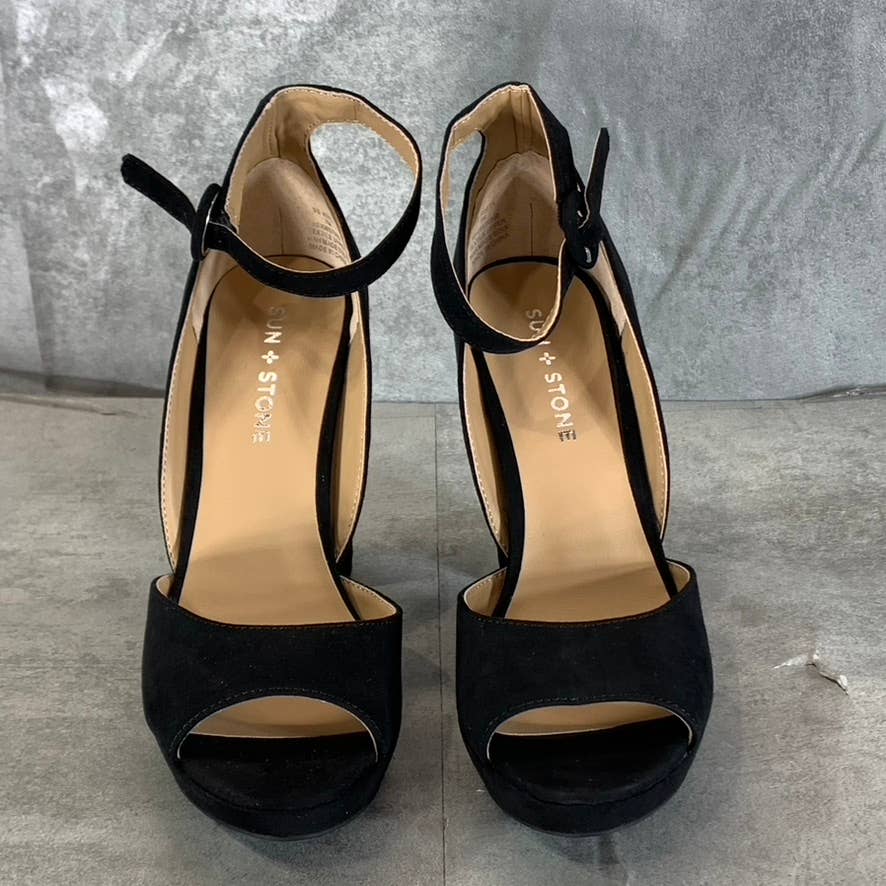 SUN+STONE Women's Black Micro Reeta Block-Heel Ankle Strap Platform Heels SZ 7