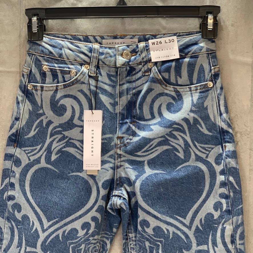 TOPSHOP Laser Print Raw Hem High Waist Crop Straight Leg Jeans SZ 4