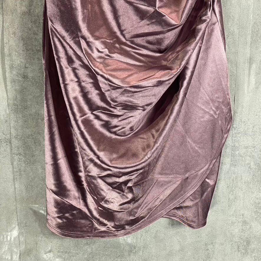 EMERALD SUNDAE Juniors' Purple Satin Ruched Asymmetrical Bodycon Mini Dress SZ L
