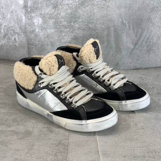 MARC FISHER LTD Women's Black/Silver Merin Faux-Fur Lace-Up Sneakers SZ 5