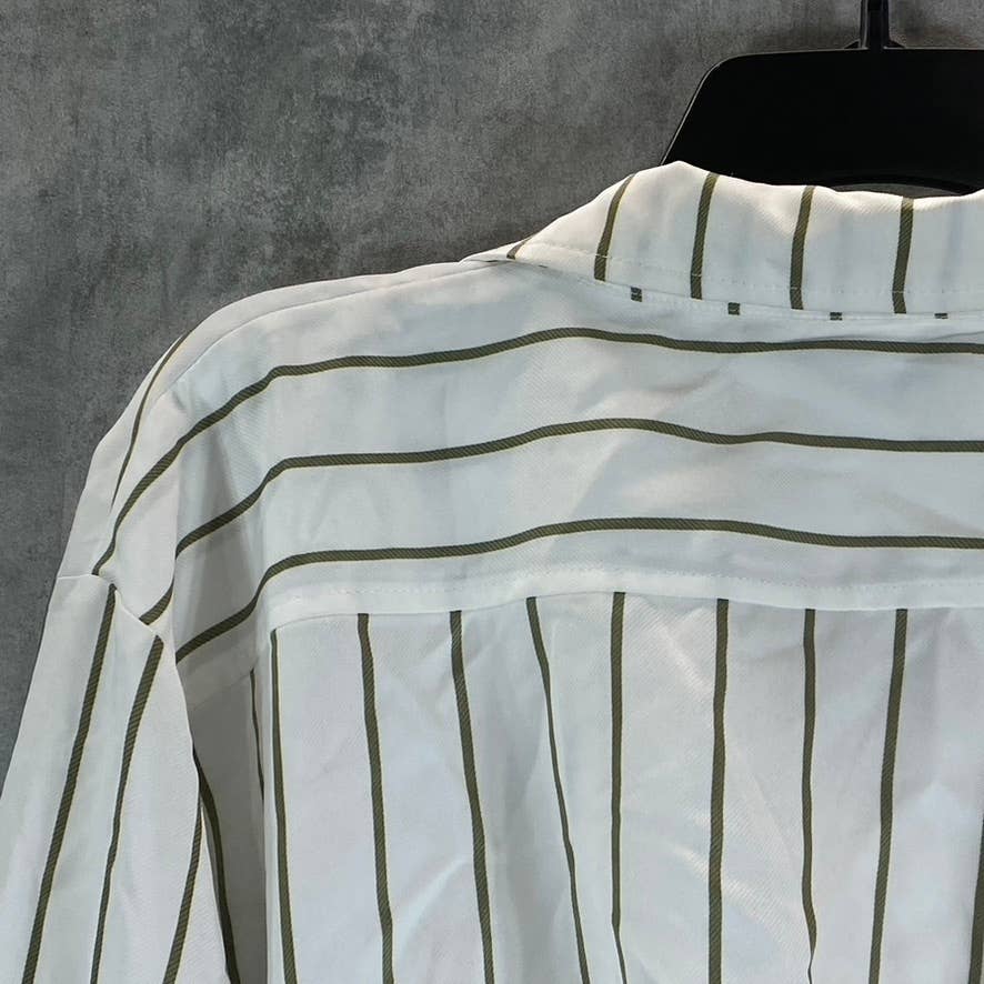 AND NOW THIS Women's White-Olive Striped Button-Down Elastic Waist Top SZ M