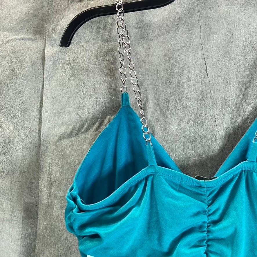 ALMOST FAMOUS Juniors' Aqua Chain-Strap Side Cutout Ruched Bodycon Dress SZ M