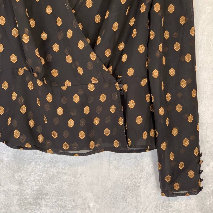 CHELSEA28 Black Gold Geo Dot Sheer Long Sleeve Wrap Top SZ S