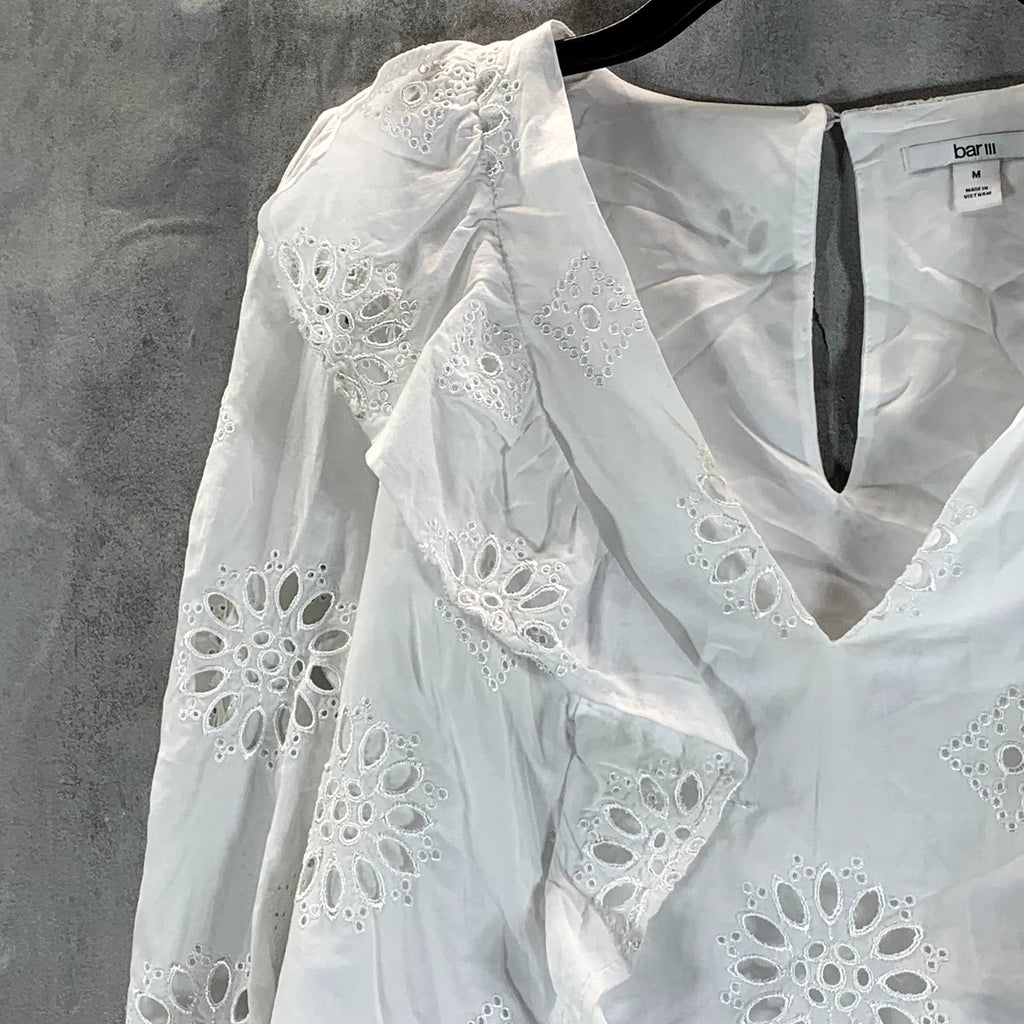 BAR III Women's White Cotton V-Neck Ruffled Eyelet Long-Sleeve Top SZ M