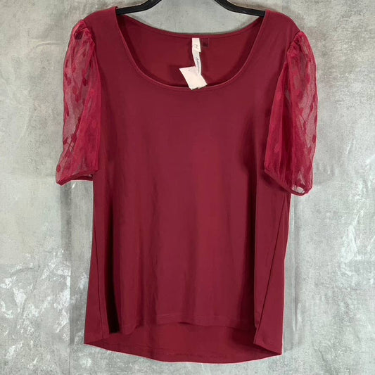 NY COLLECTION Women's Burgundy Square-Neck Elbow Mesh Dot Sleeve Crepe Top SZ M