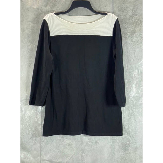 KAREN SCOTT Women's Deep Black Colorblocked Boat-Neck 3/4 Sleeve Top SZ M