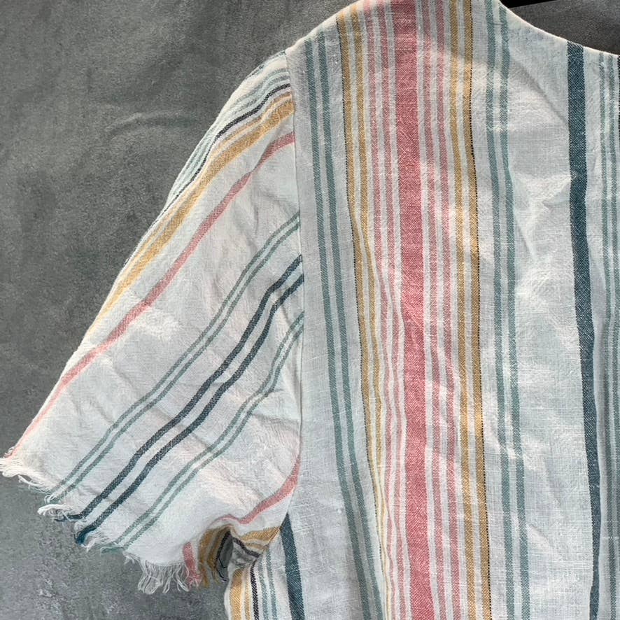 VINCE CAMUTO Women's Beach Stripe Scoop-Neck Frayed Short Sleeve Top SZ M