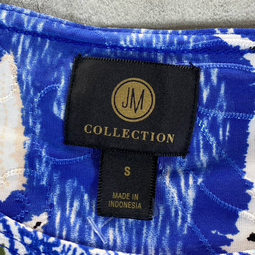 JM COLLECTION Women's Blue Printed Jacquard Knit Scoop-Neck Short-Sleeve Top SZS