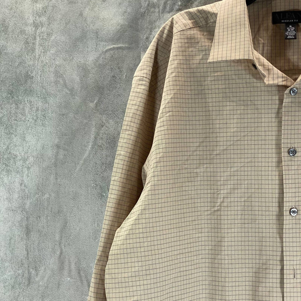 ALFANI Men's Tan Mini Check Regular-Fit Button-Up Long-Sleeve Shirt SZ XL