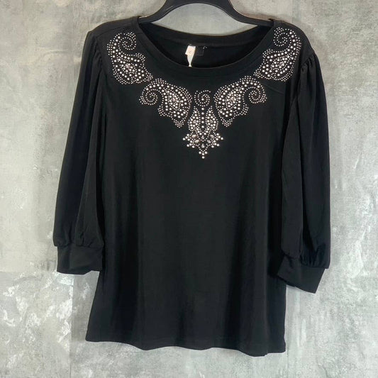 NY COLLECTION Women's Black Rhinestone Scoop-Neck Elbow Sleeve Crepe Top SZ L