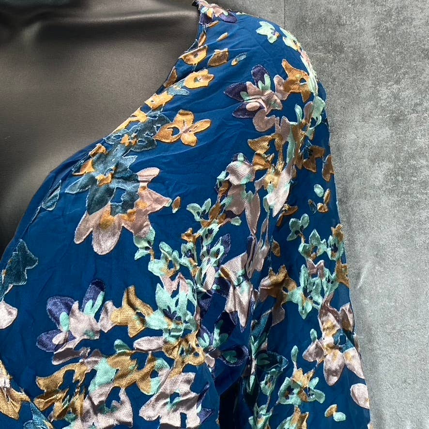MAREE POUR TOI Women's Plus Size Blue Floral Burnout Silk3/4 Sleeve Wrap Dress