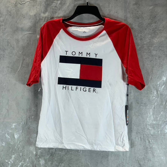 TOMMY HILFIGER Women's White-Scarlet Crewneck Raglan-Sleeve Graphic Top SZ S