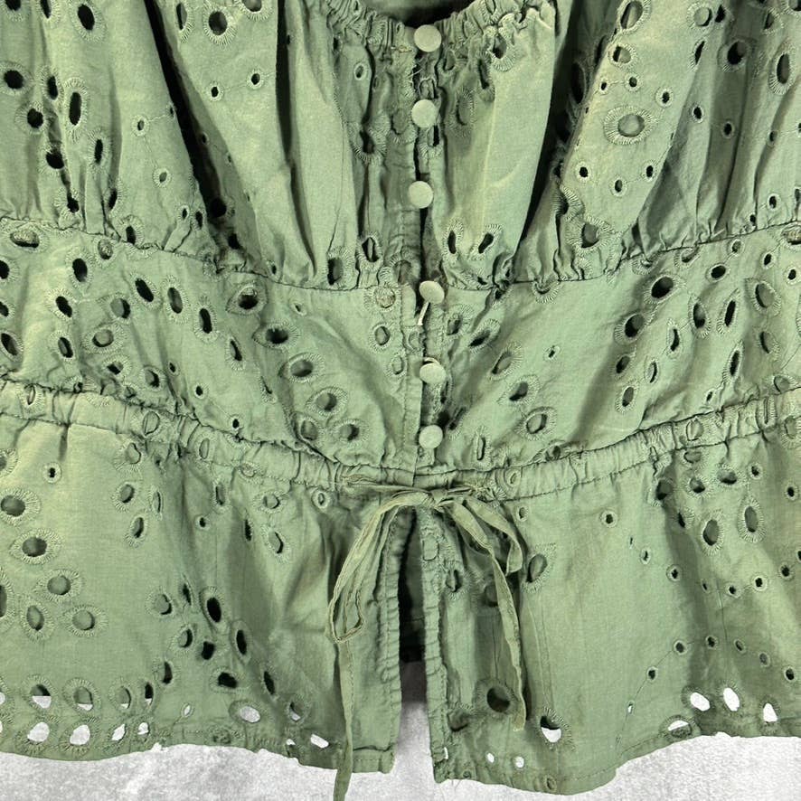 GUESS Women's Lichen Leaf Green Multi Larisen Cotton Eyelet Peplum Top SZ L