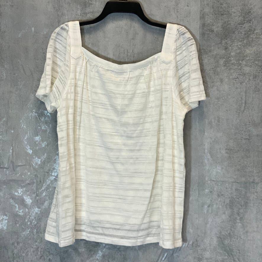 JOHN PAUL RICHARD Women's Eggshell Striped Square Neck Short Sleeve Top SZ L