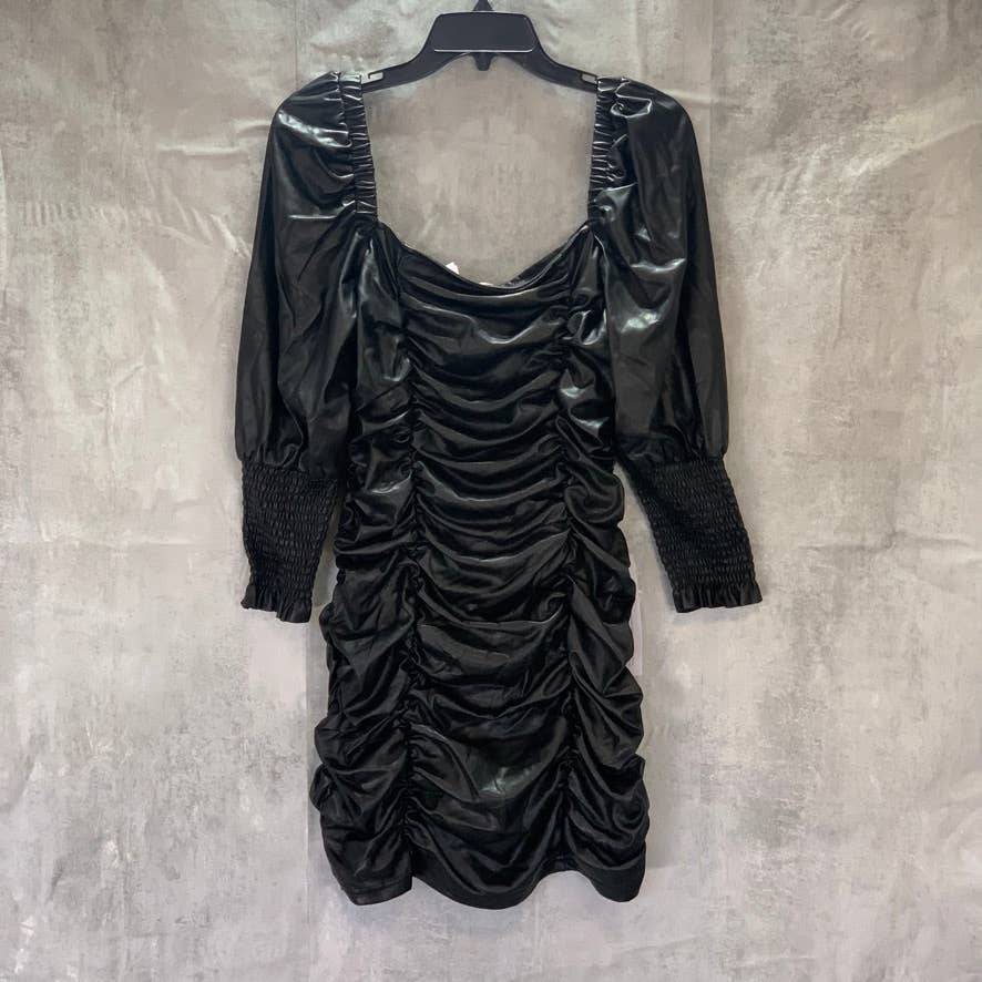 TOPSHOP Black Faux Leather 3/4 Sleeve Ruched Mini Dress SZ 10