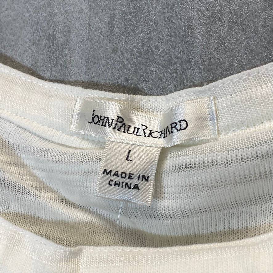 JOHN PAUL RICHARD Women's Eggshell Striped Square Neck Short Sleeve Top SZ L