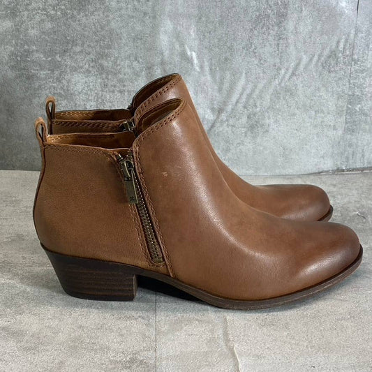LUCKY BRAND Women's Toffee Barillos Leather Basel Double Side-Zip Block-Heel