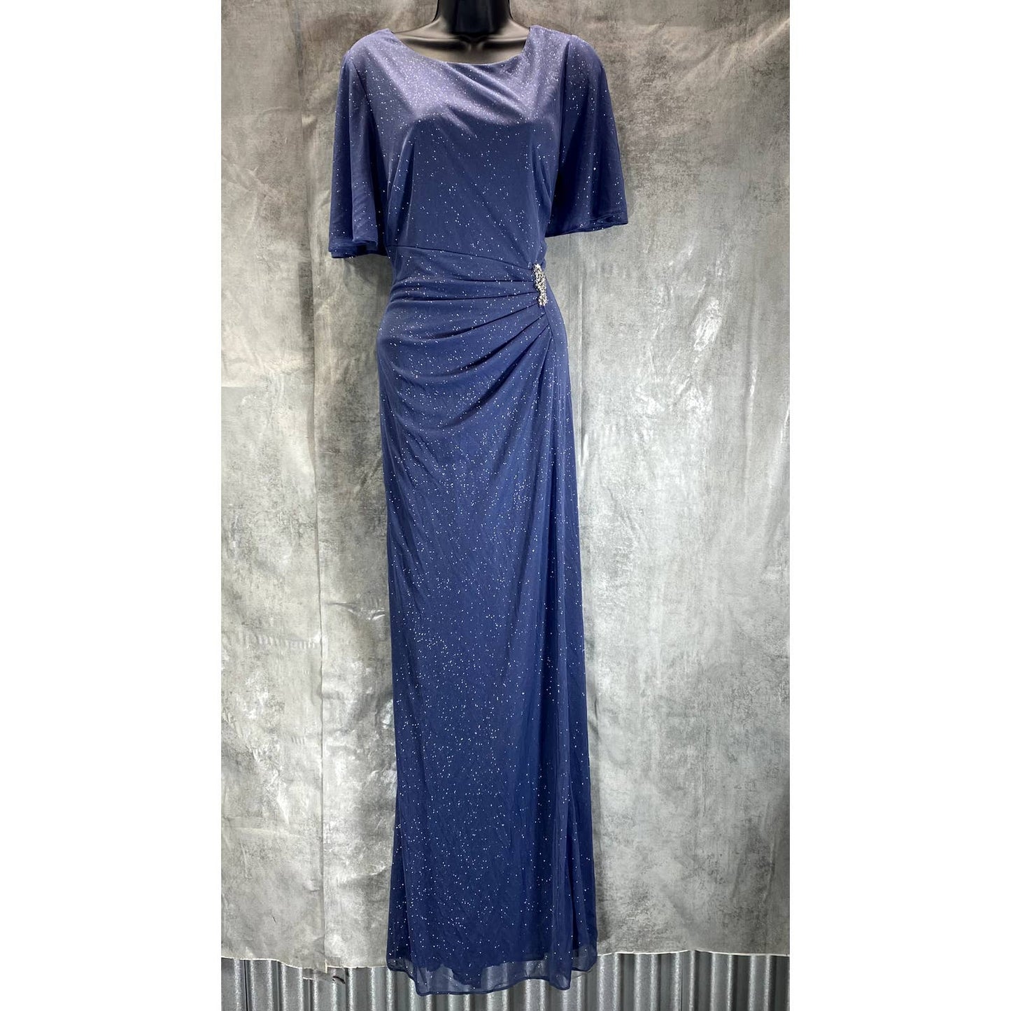 SLNY Women's Dusty Blue Glitter Mesh Flare Sleeve Ruched Rhinestone Waist Gown