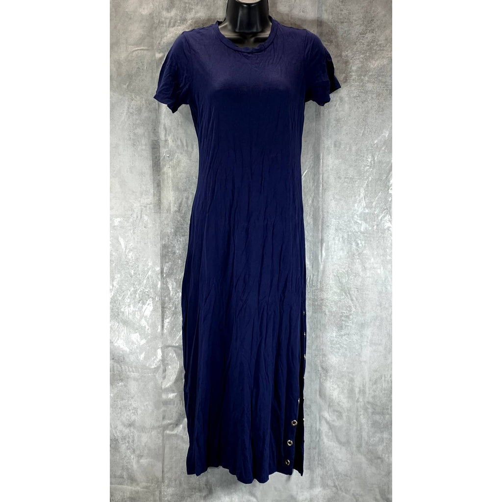 MICHAEL MICHAEL KORS Women's True Navy Crewneck Grommet-Trim Slit Maxi Gown SZ S