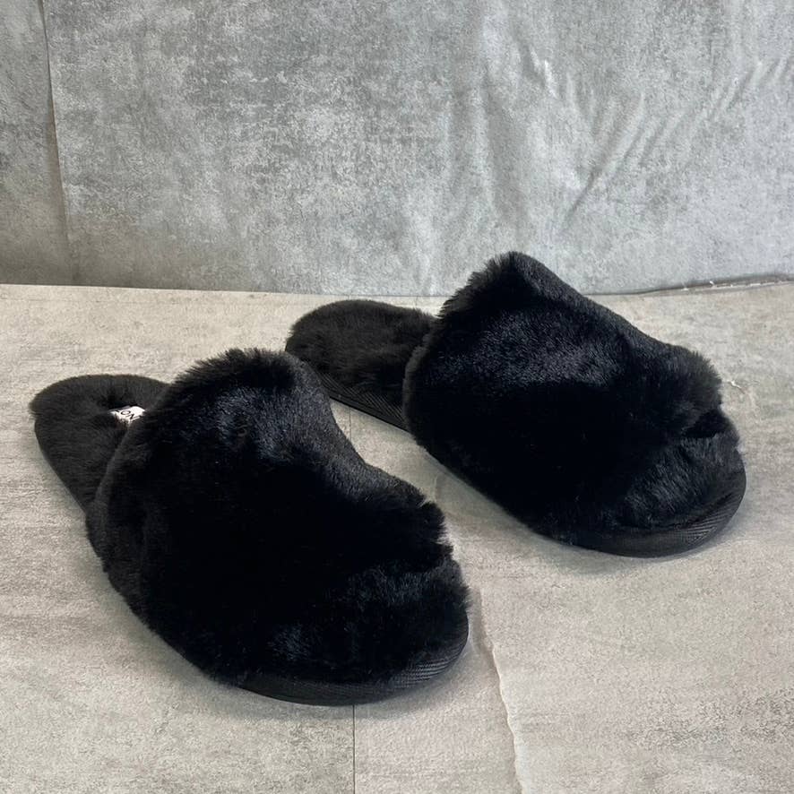 LONDON FOG Women's Black Faux-Fur Lilly Round-Toe Slide Flat Slippers SZ 8