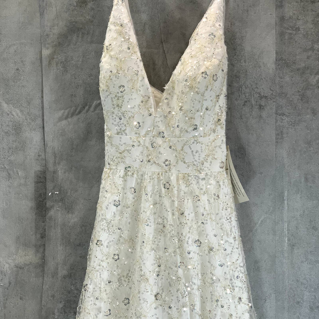 AIDAN By AIDAN MATTOX Women's Ivory Embroidered V-Neck Spaghetti Strap Ball Gown