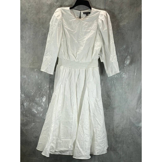 INC Women's Bright White 3/4 Puff Sleeve Cotton Smocked Midi Dress SZ M