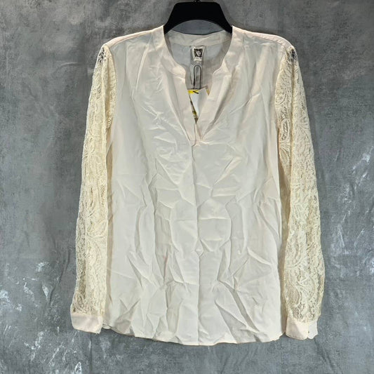 ANNE KLEIN Women's White Spilt-Neck Lace-Sleeve Top SZ M