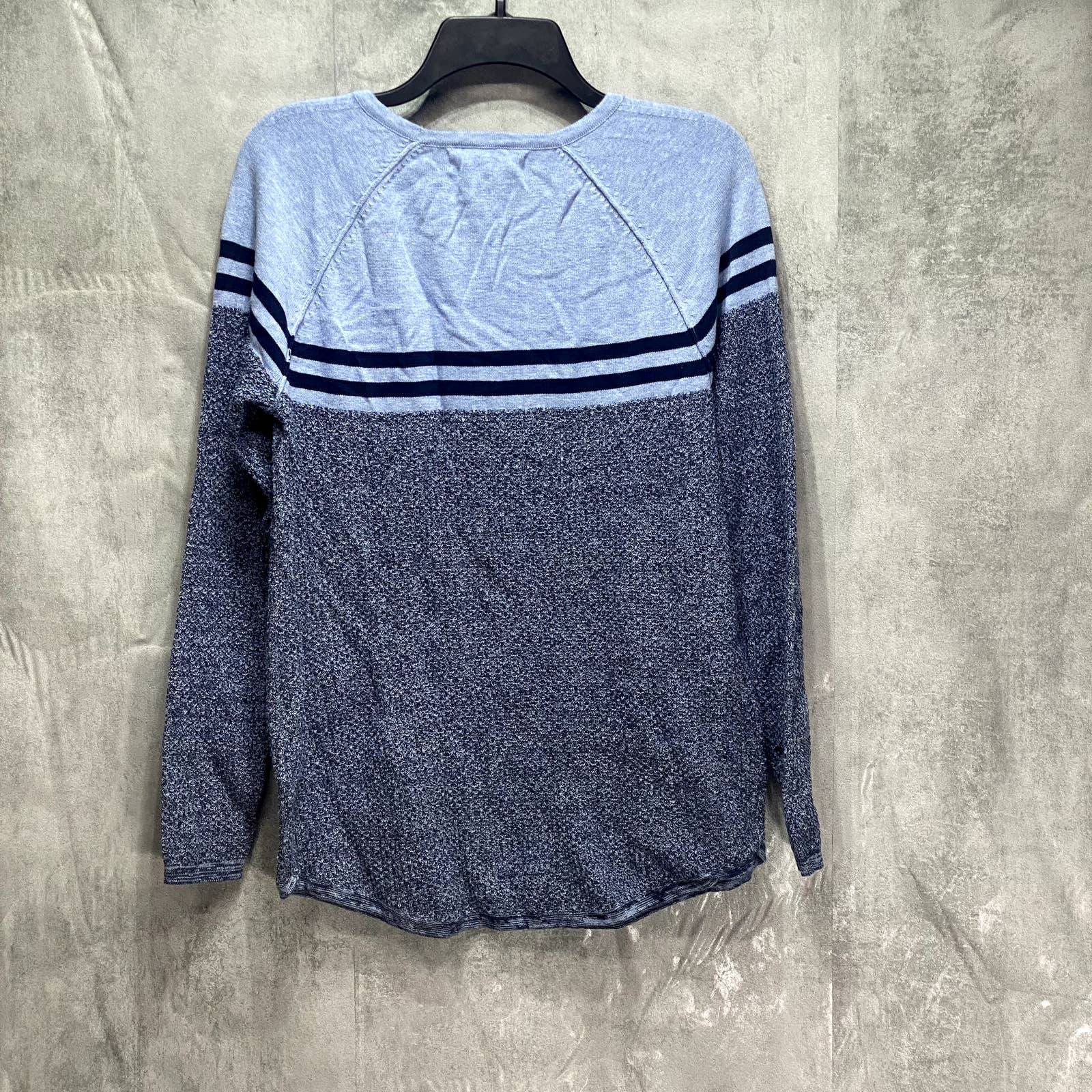 KAREN SCOTT Blue Marisa Cotton Colorblock Textured Curve-Hem Pullover Sweater SZ S