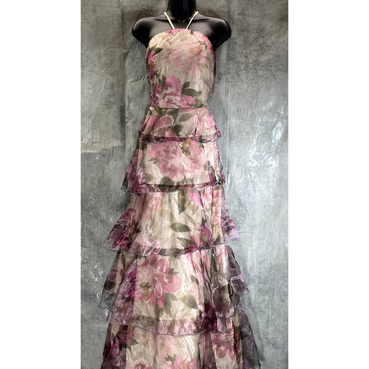 SPEECHLESS Juniors' Grey-Fuchsia Organza Floral-Print Tiered Halter Dress SZ 13