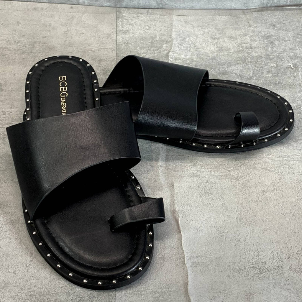 BCBGENERATION Women's Black Faux-Leather Zinda Studded Slide Sandals SZ 7.5